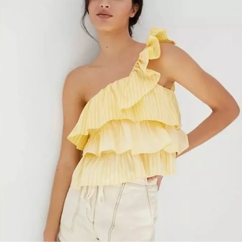 Anthropologie Maeve ruffled one shoulder blouse in yellow and white stripe Sz. M